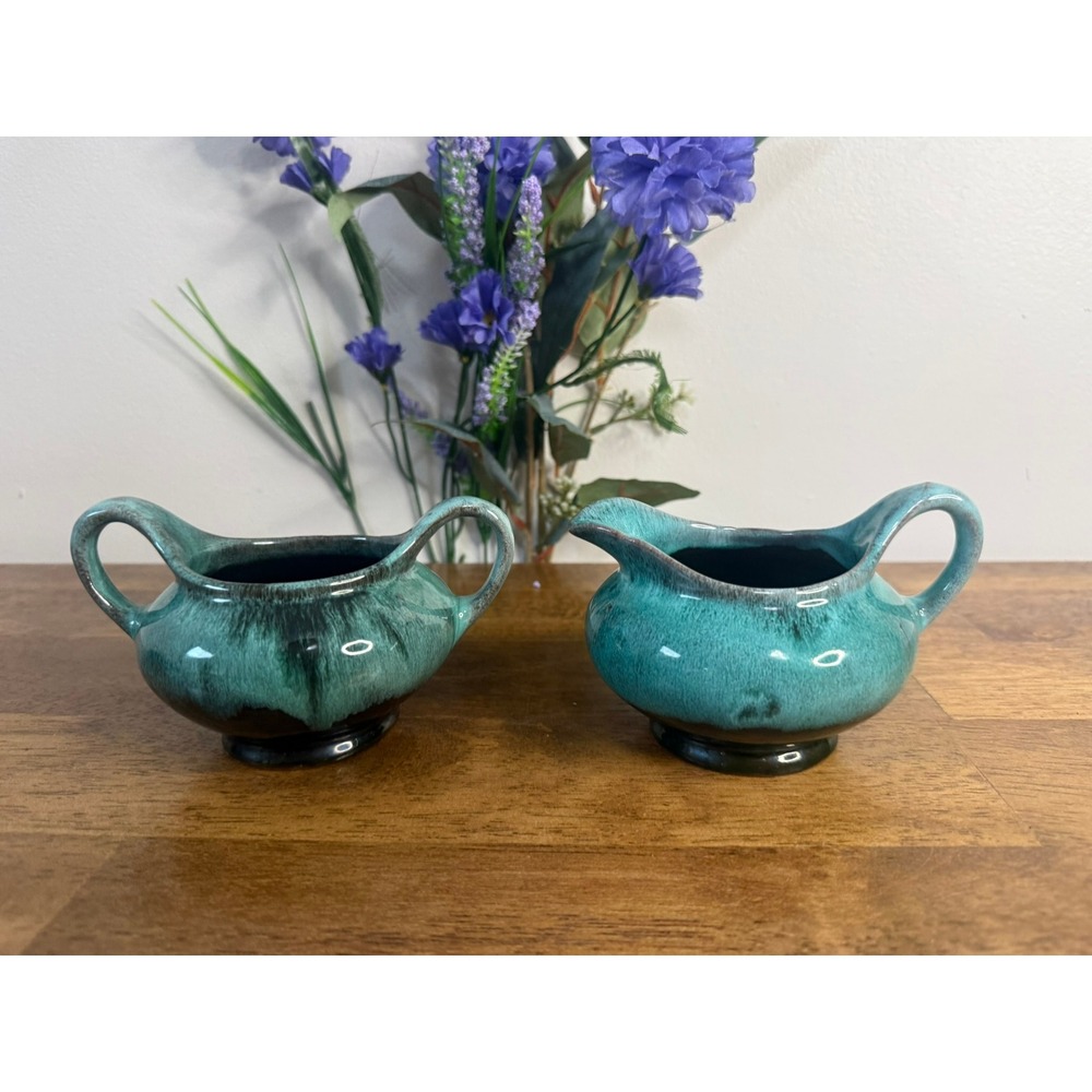 Blue Mountain Pottery Evangeline Cream & Sugar Set Blue Green Drip Glaze Canada